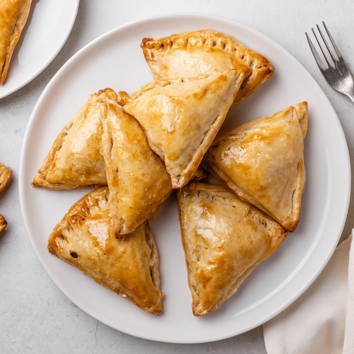 Handheld beef curry puffs with flaky layers served on a wooden board