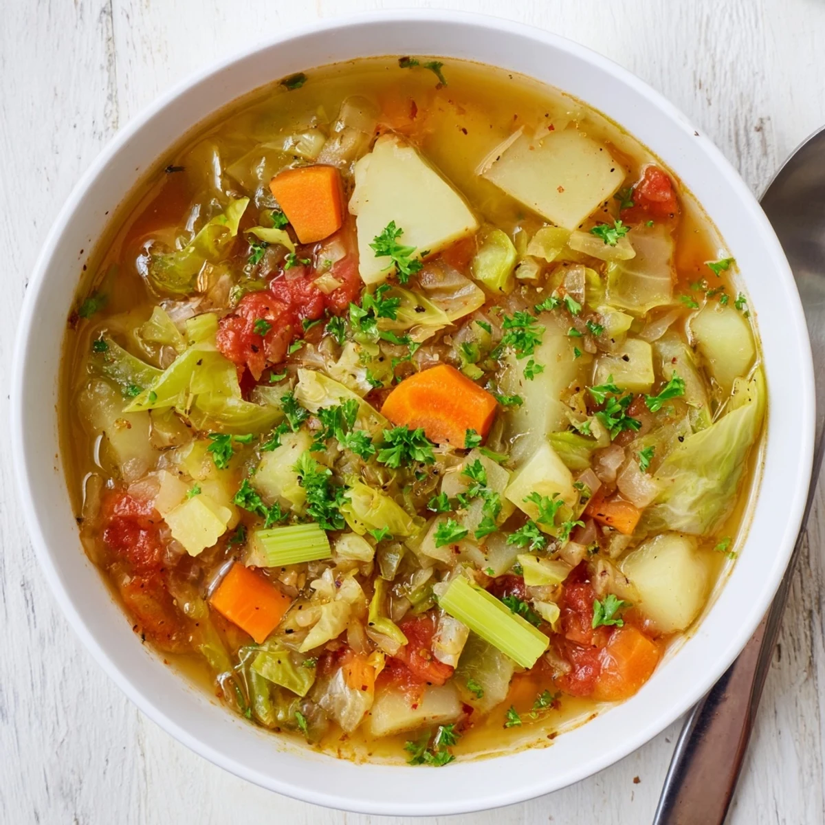 Hearty cabbage soup simmering in a white pot with vibrant carrots, celery, and tomatoes, garnished with fresh green parsley