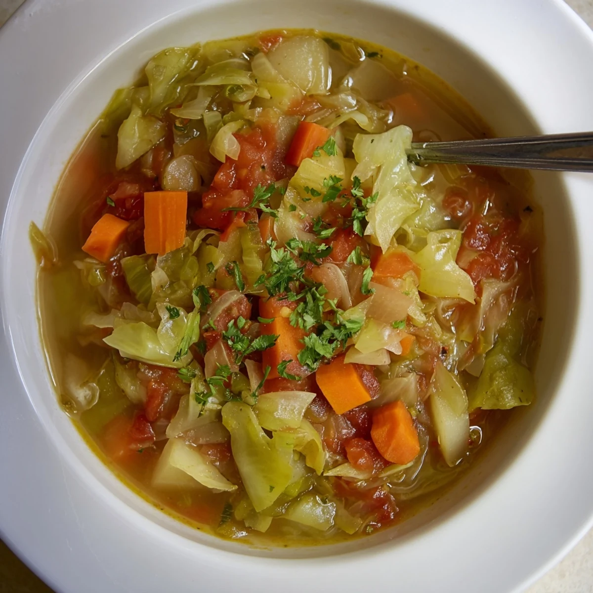 Steaming bowl of cabbage soup featuring tender green cabbage chunks, colorful vegetables, and fragrant herbs in rich vegetable broth