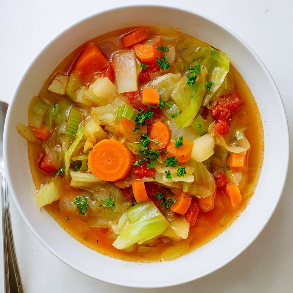 Spoon lifting colorful cabbage soup filled with diced vegetables and savory broth, perfect for a warming winter meal