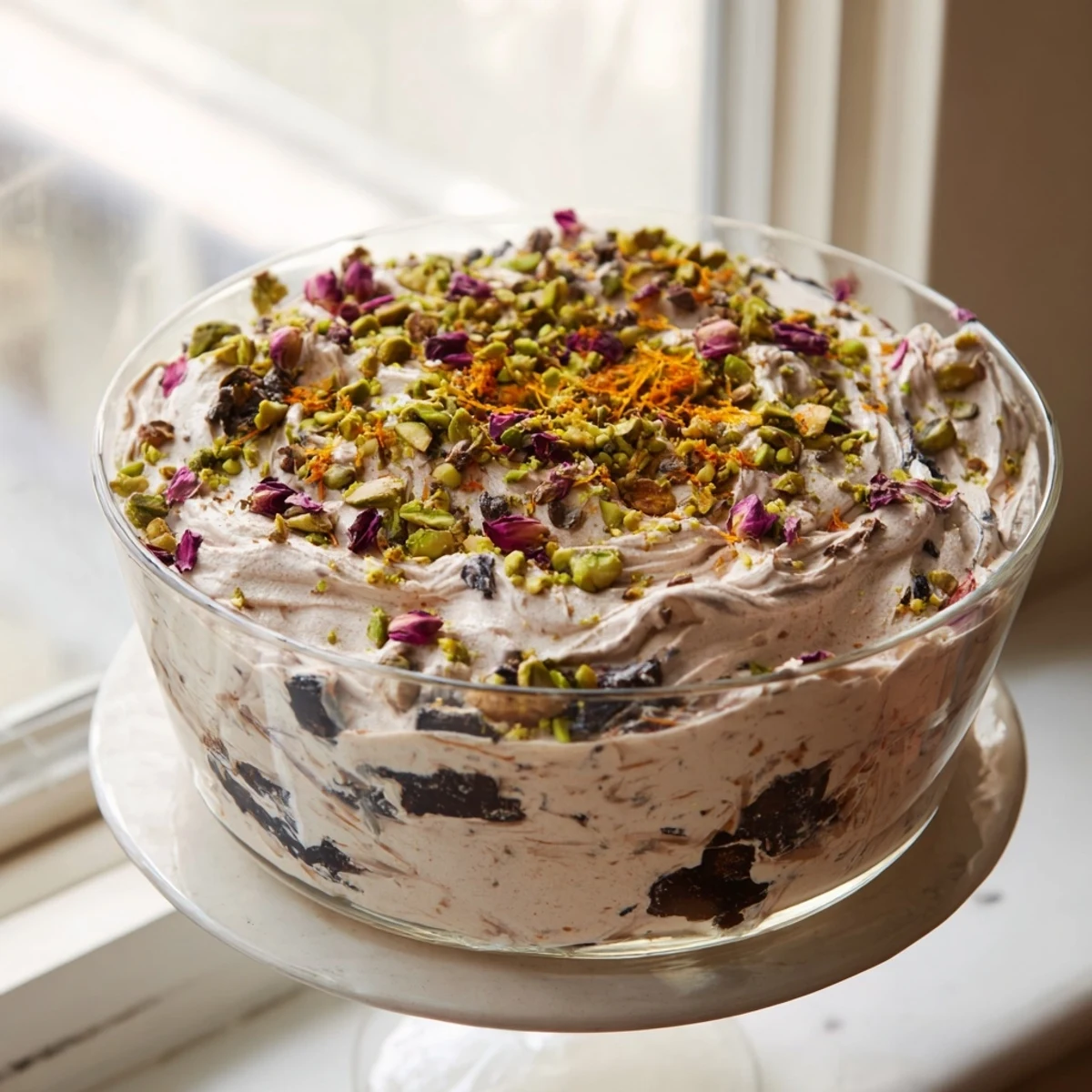 Creamy Lebanese date blossom mousse garnished with chopped pistachios and orange zest