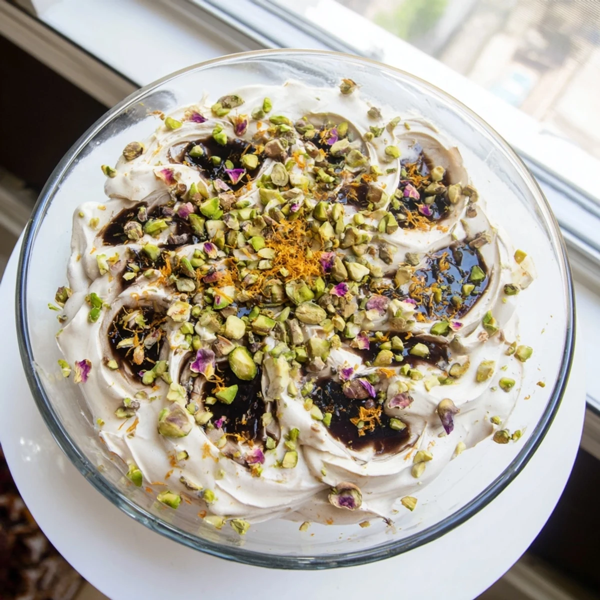Airy Lebanese date blossom mousse dessert topped with rose petals in elegant glasses