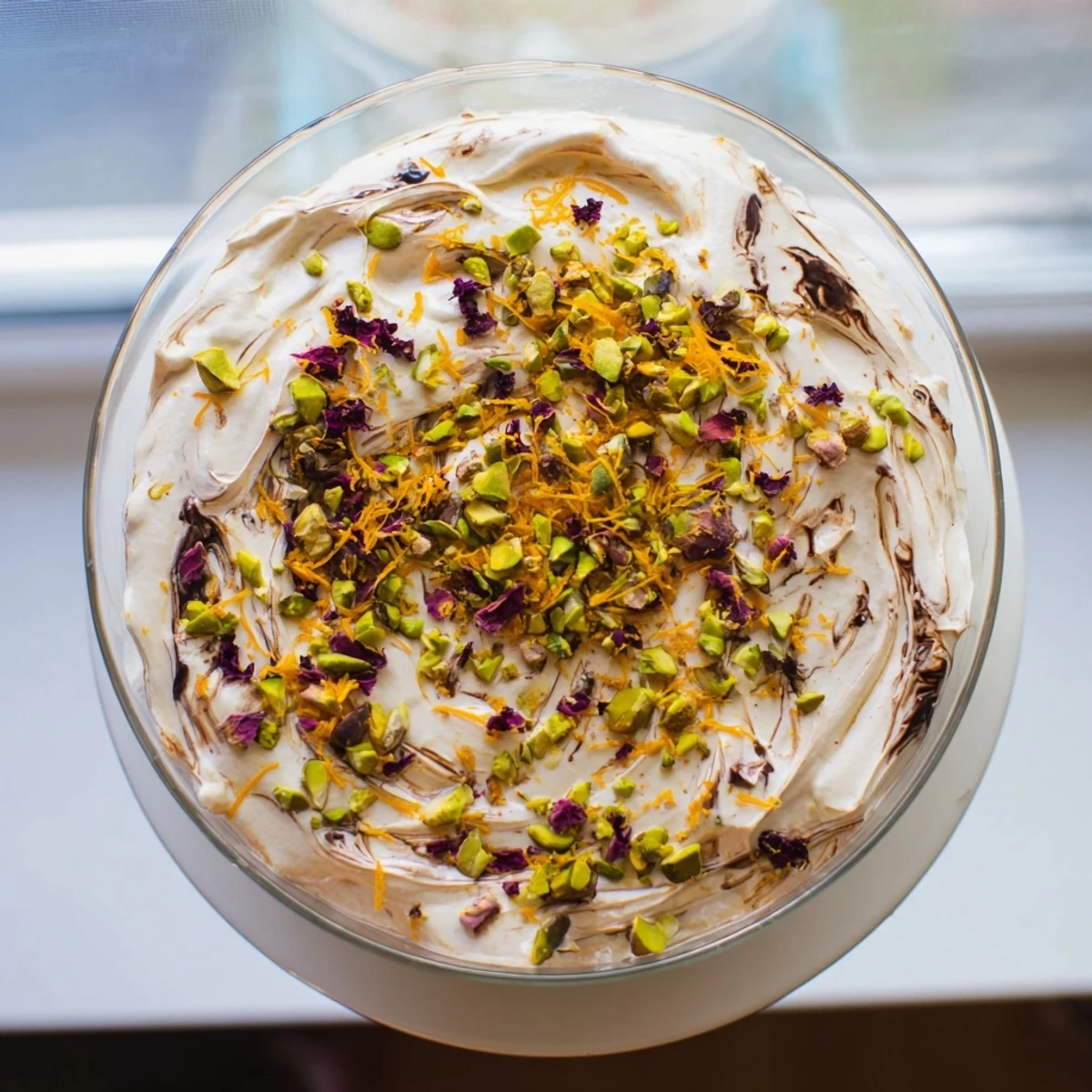 Light Lebanese date blossom mousse with floral notes and nutty garnish servings