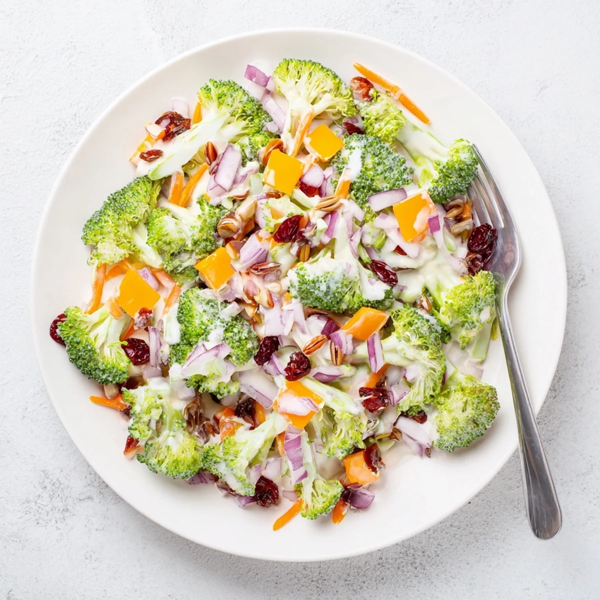 Fresh broccoli salad with crisp florets, dried cranberries, and sunflower seeds tossed in creamy yogurt dressing.