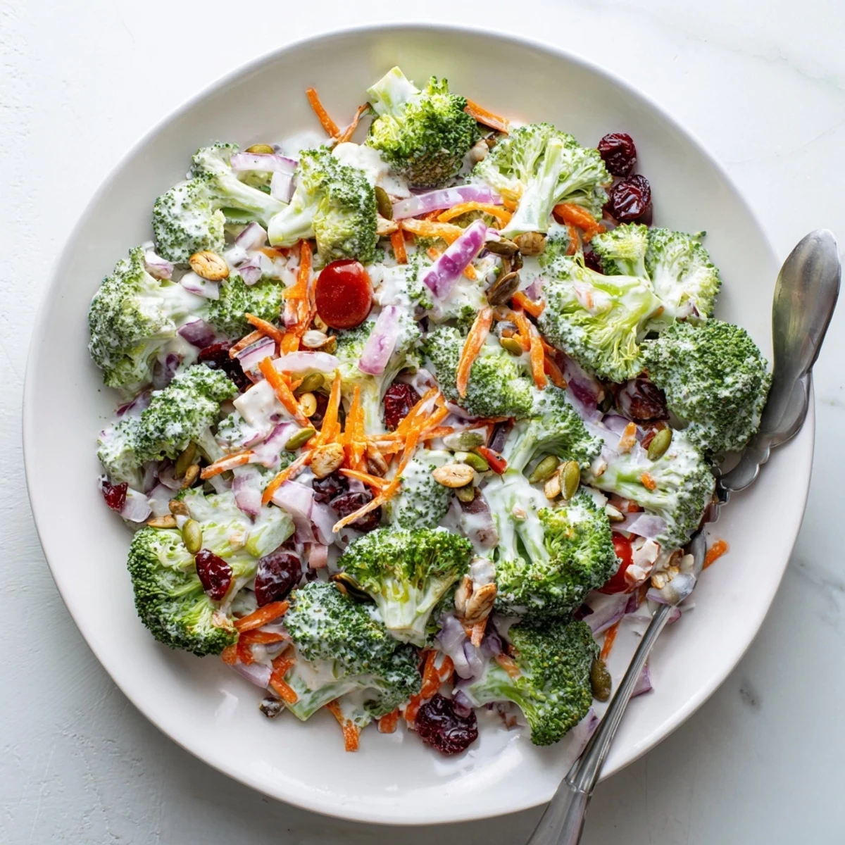Colorful broccoli salad bowl featuring crunchy vegetables, tangy dressing, and cheddar cheese for potluck gatherings.