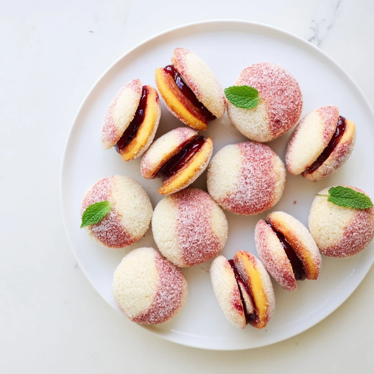 Peach-shaped Italian cookies filled with chocolate jam and coated in sparkling sugar