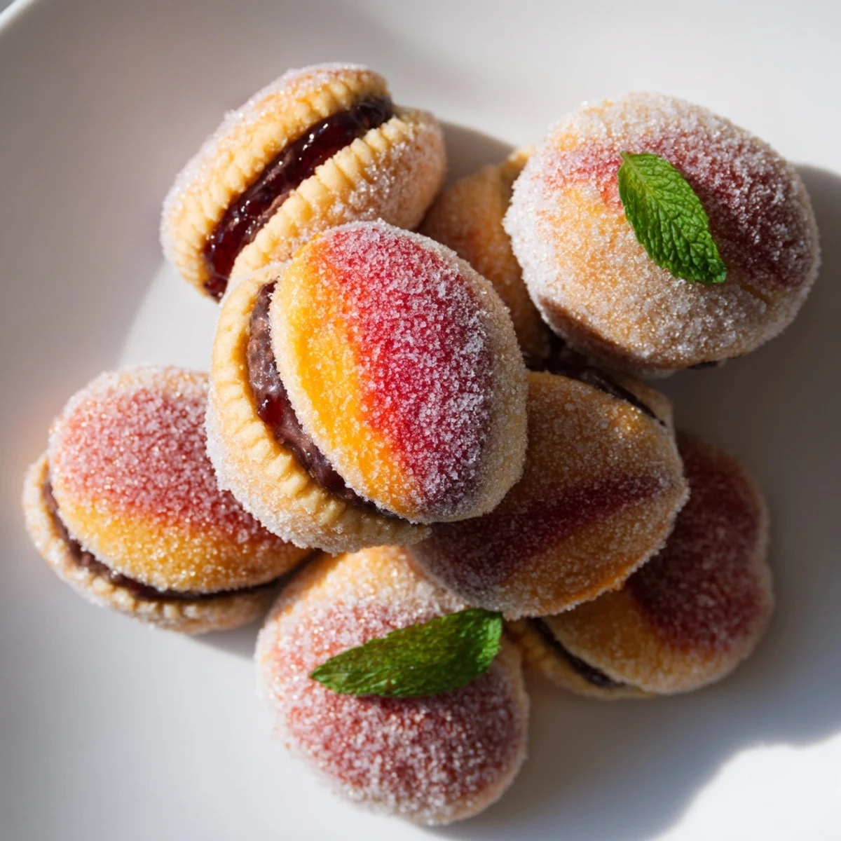 Italian peach cookies with realistic colored sugar coating and chocolate jam center
