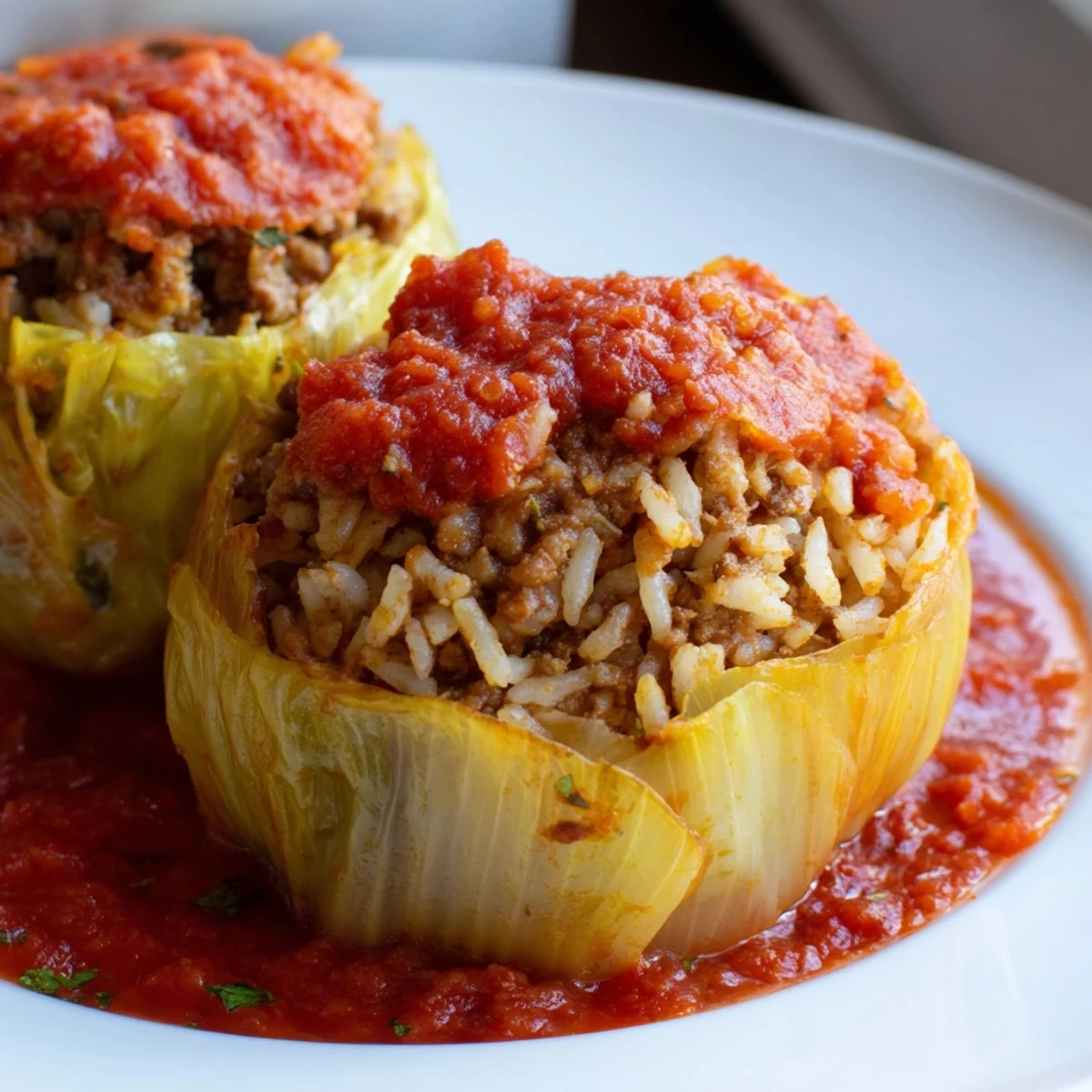 Golden Greek stuffed onions bubbling in rich tomato sauce with beef and rice filling
