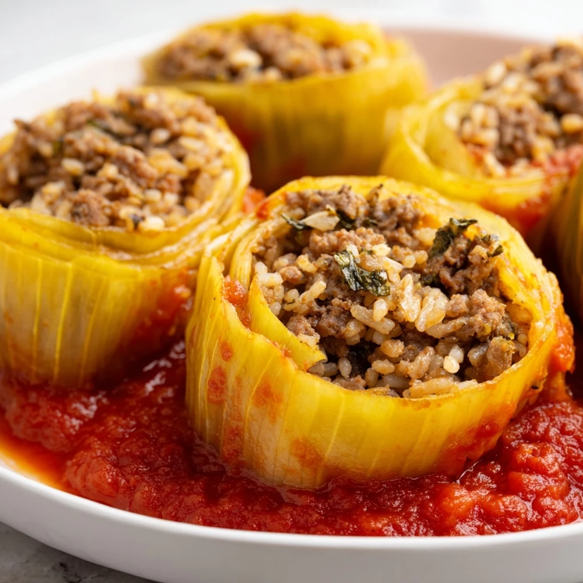 Comforting Greek stuffed onions swimming in thick red tomato sauce, garnished with fresh parsley