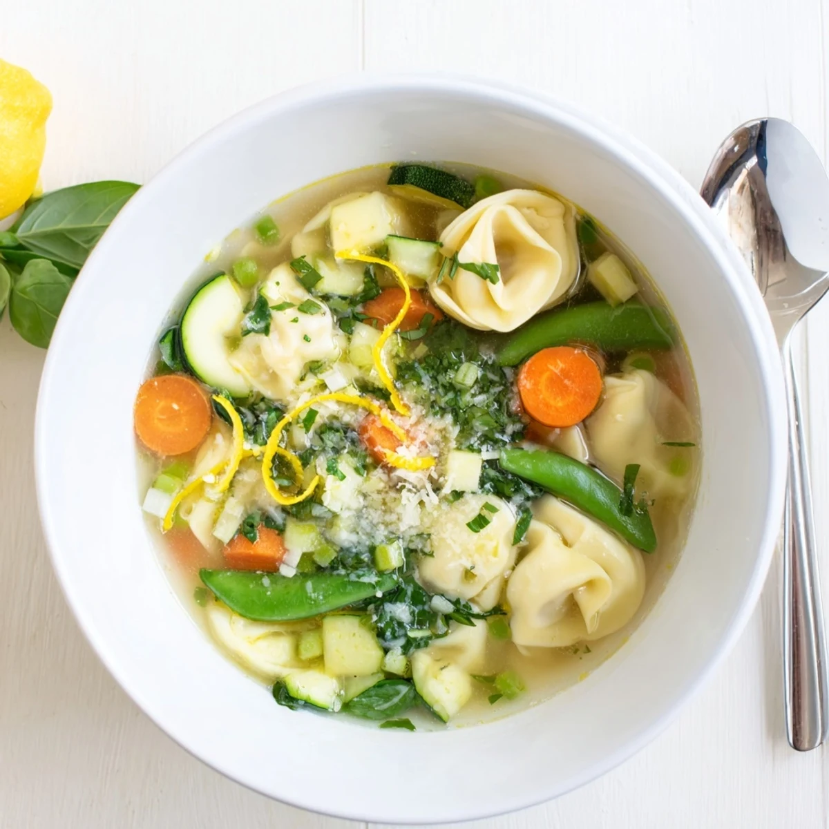 Vibrant spring tortellini soup featuring colorful vegetables swimming in flavorful vegetable broth