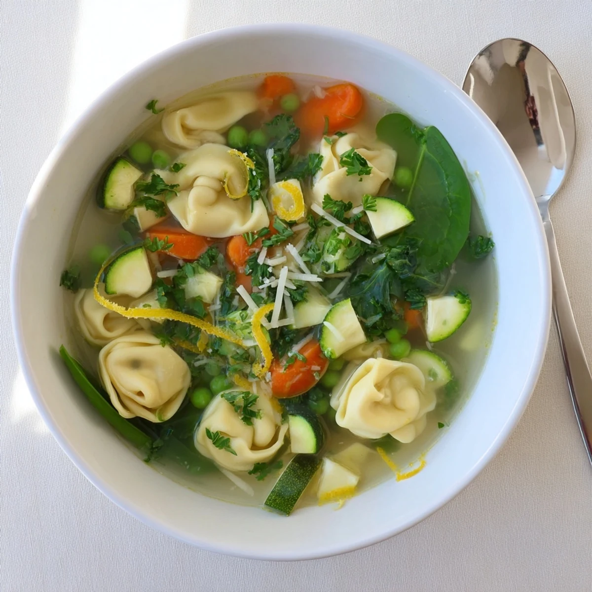 Creamy Spring Tortellini Soup with fresh vegetables and Parmesan garnish in a white bowl