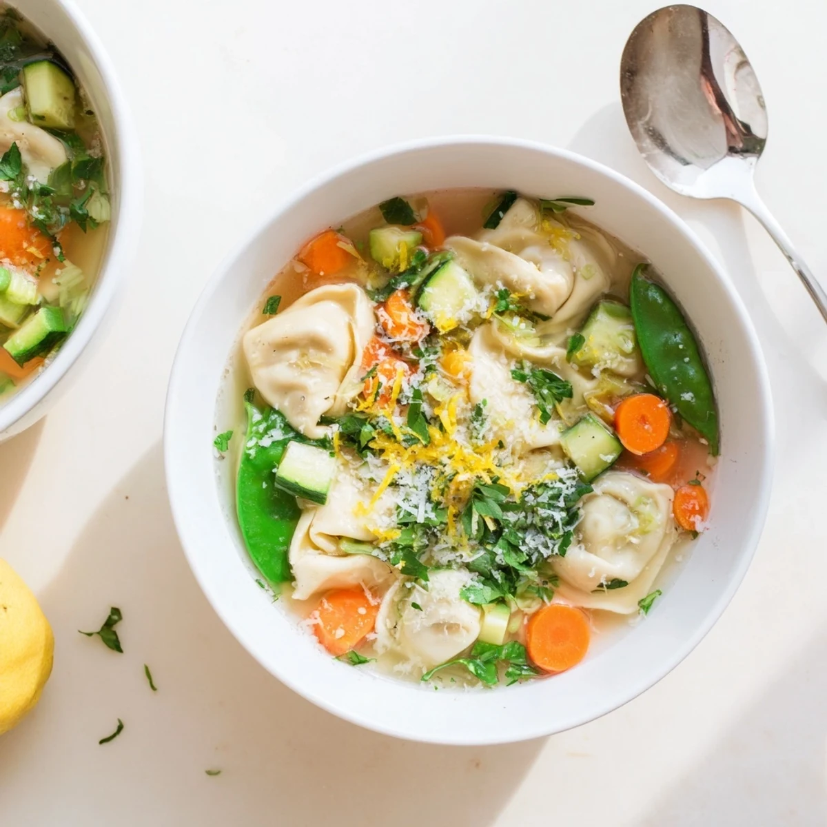 Steamy bowl of Spring Tortellini Soup topped with fresh parsley, lemon zest, and grated cheese