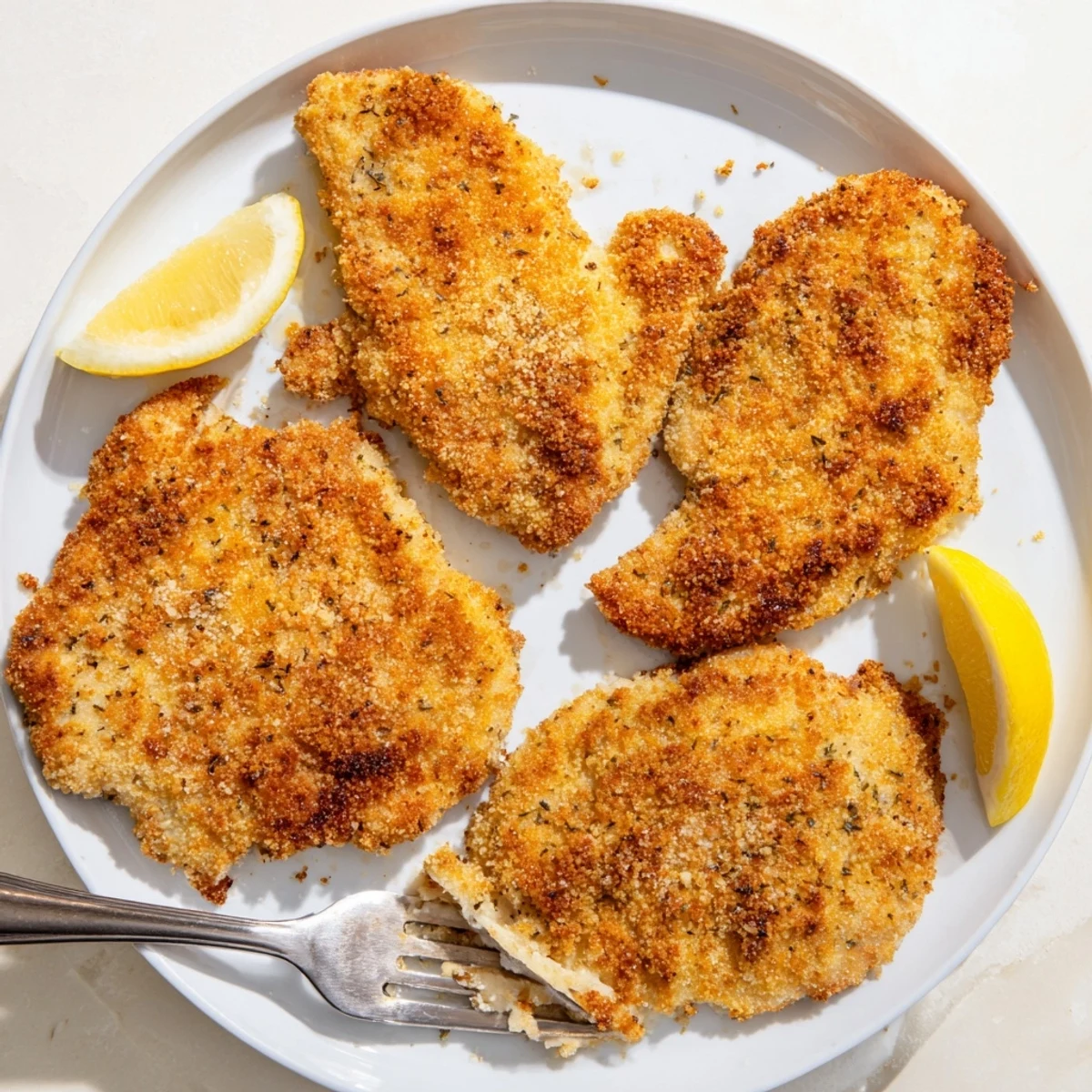 Golden brown Italian chicken cutlets with crispy Parmesan breadcrumb coating served on white plate