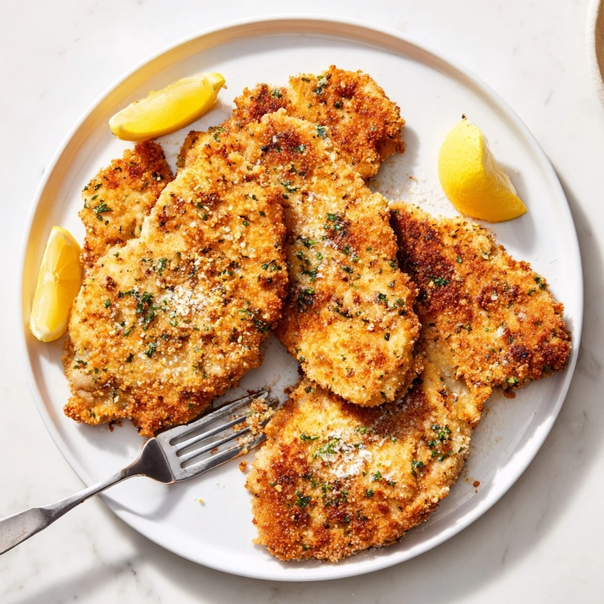 Pan-fried Italian chicken cutlets with golden browning and herb seasoning drizzled with fresh lemon juice