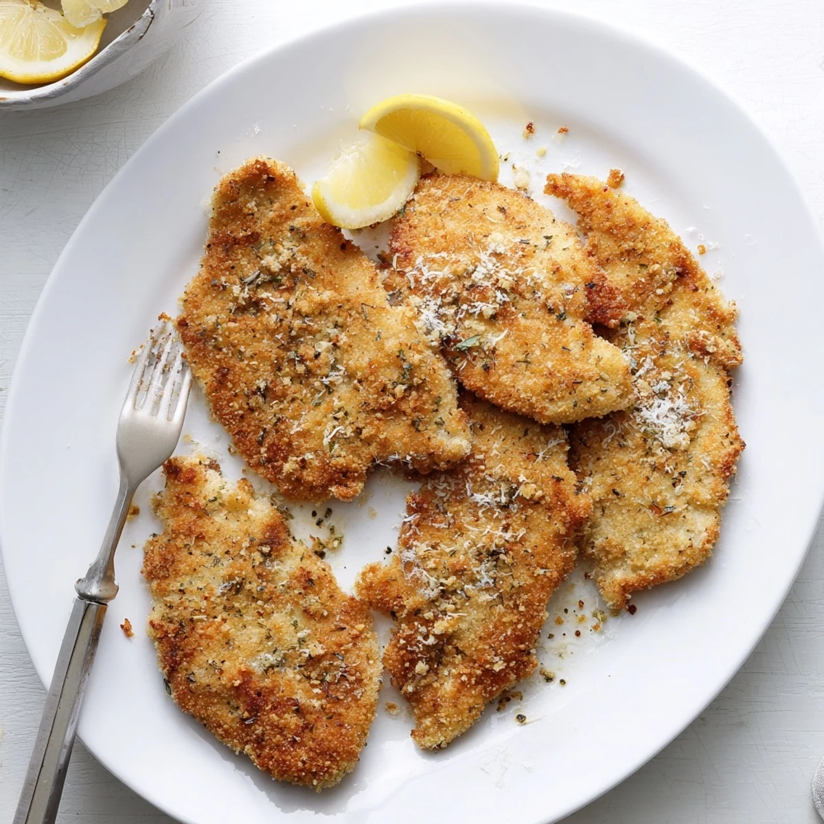 Crispy fried Italian chicken cutlets garnished with fresh lemon wedges on rustic wooden board