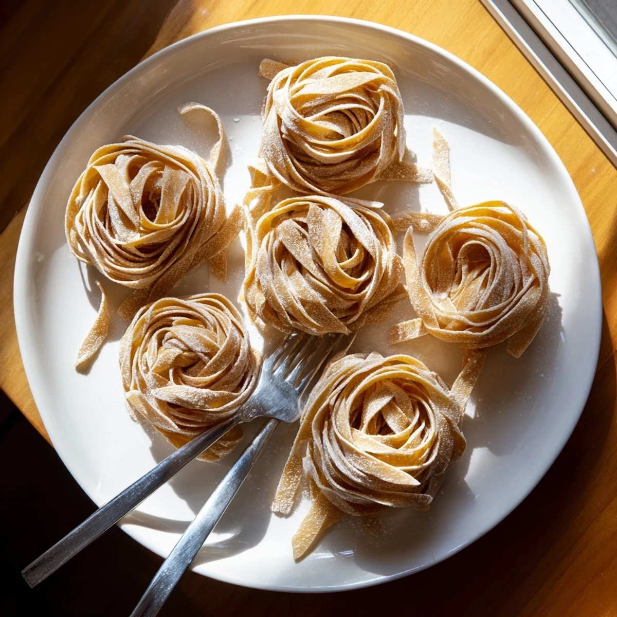 Golden strands of homemade sourdough pasta dusted with flour on a wooden board.