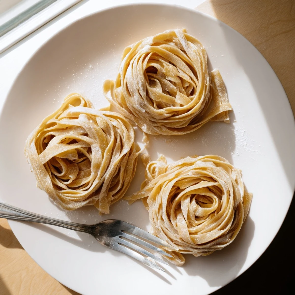Freshly cut tagliatelle made from tangy sourdough starter dough arranged neatly on countertop.