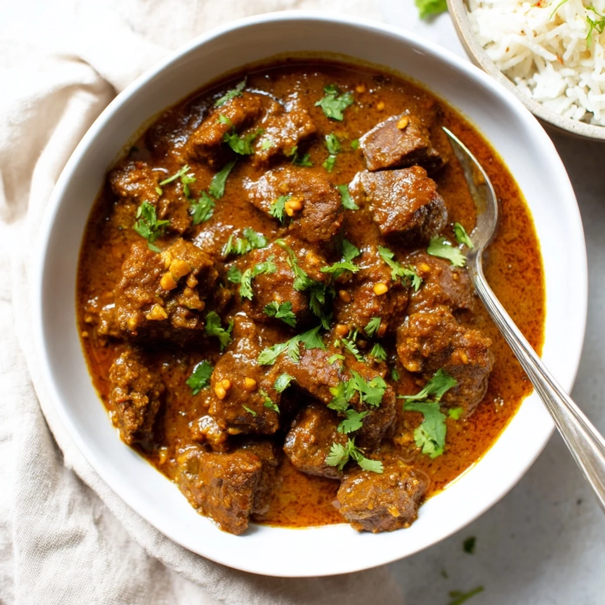 Golden Indian beef curry plated with basmati rice and fresh cilantro garnish