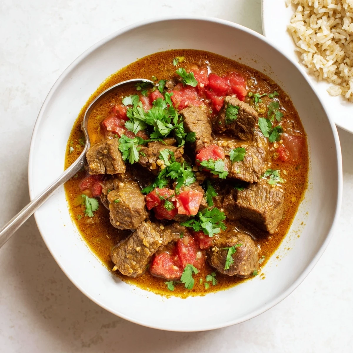 Tender beef cubes simmered in aromatic spicy coconut sauce served with warm naan