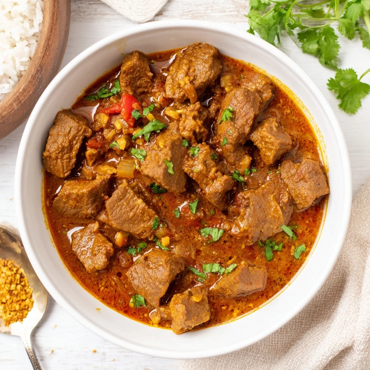 Rich slow-cooked Indian beef curry with tender meat pieces in thick red gravy