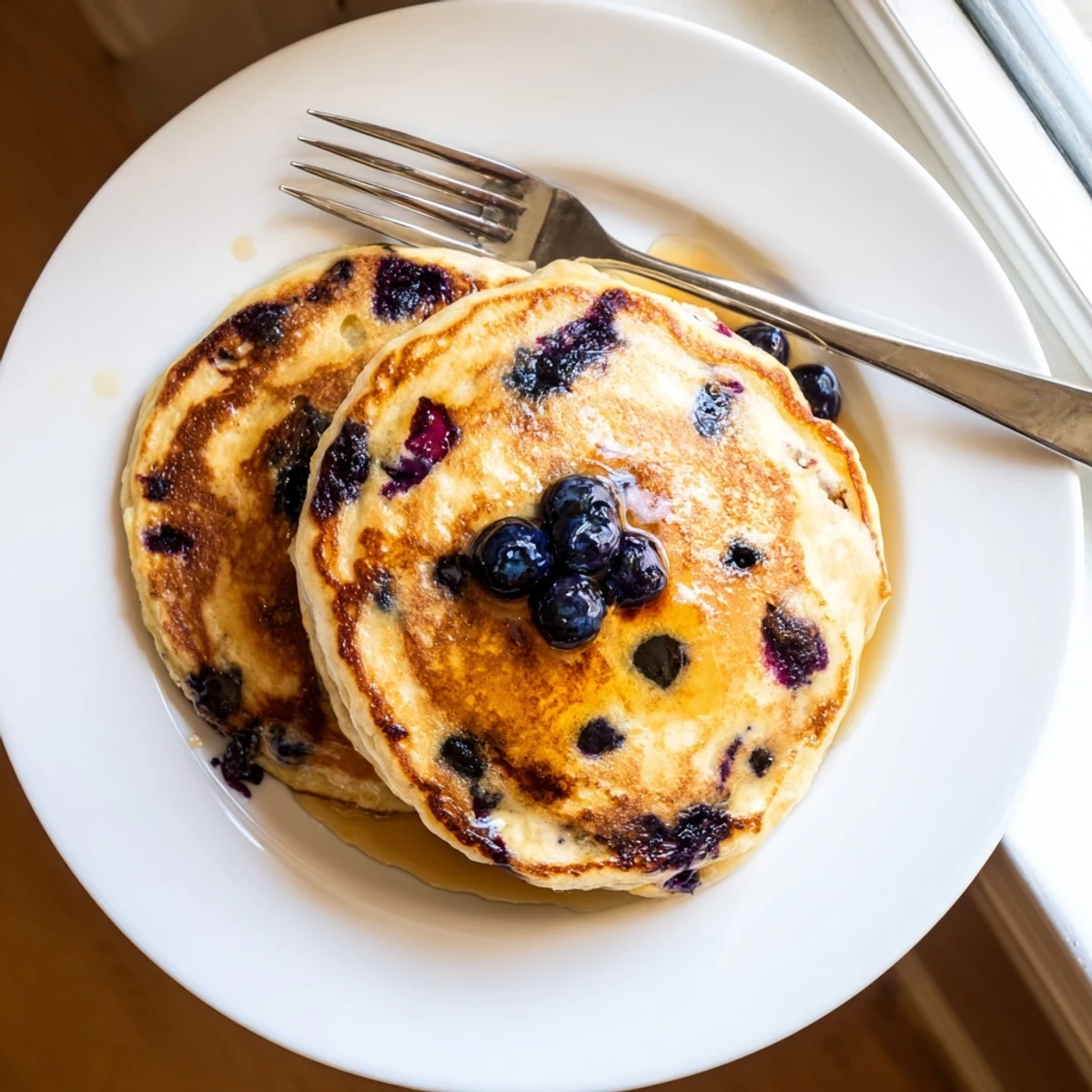 Light and airy Greek yogurt blueberry pancakes served with melting butter and berries