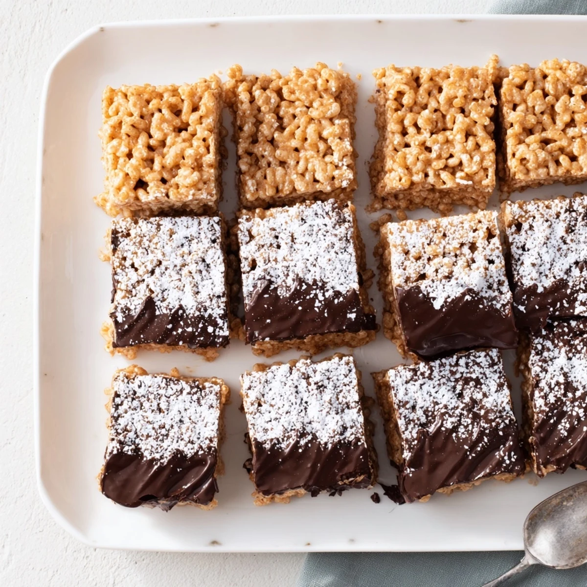 Muddy Buddy Rice Krispies squares coated in white powdered sugar on a serving platter