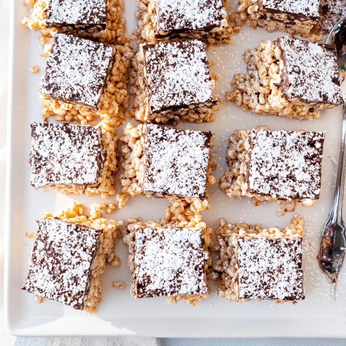 Homemade Muddy Buddy Rice Krispins dessert squares with chocolate drizzle and sugary coating