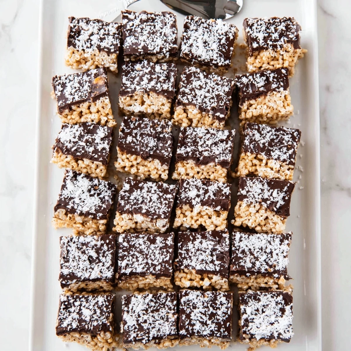 Chocolate peanut butter Muddy Buddy Rice Krispies treats with powdery sugar dusting on parchment