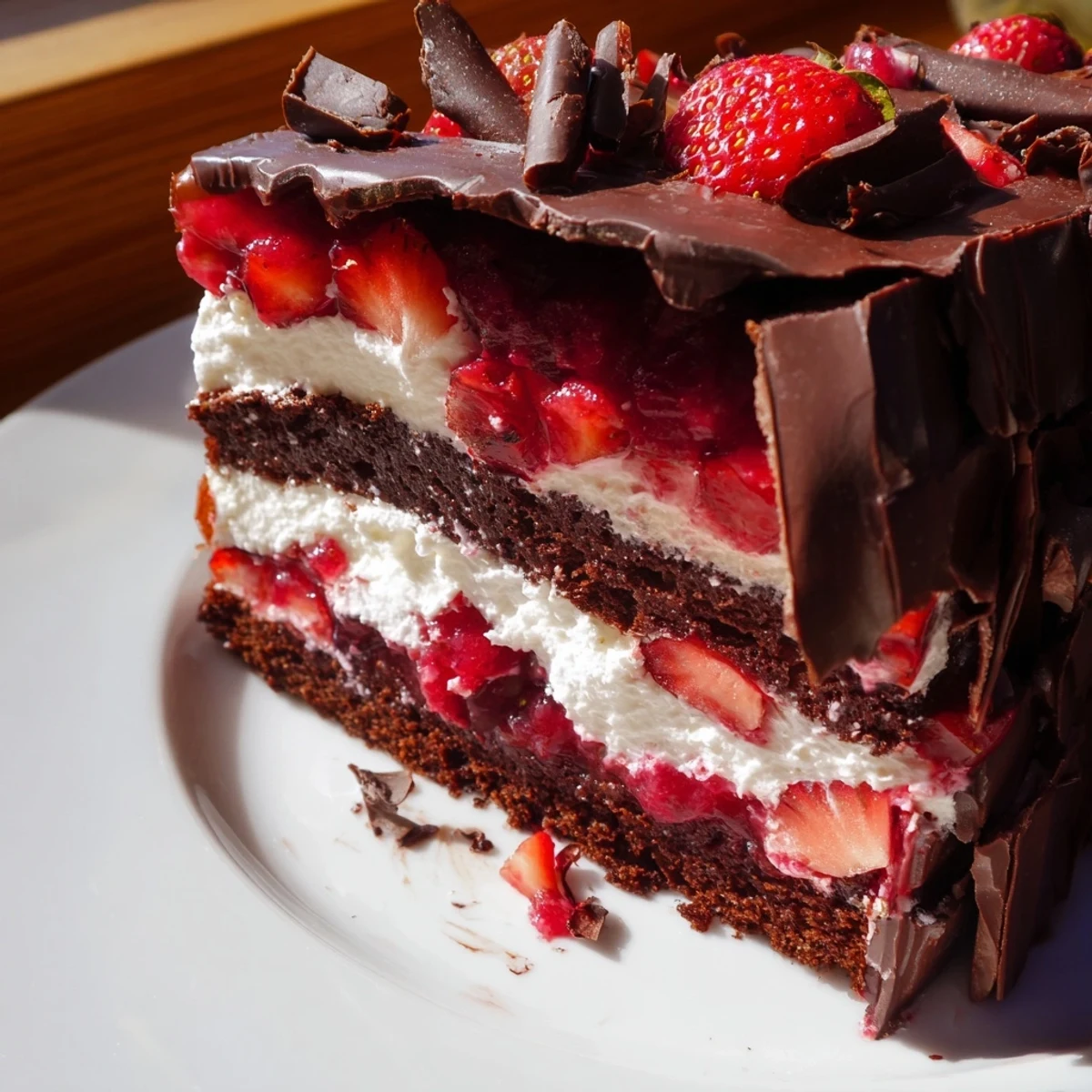 Glossy strawberry chocolate shell cake with dark chocolate coating and fresh strawberry halves