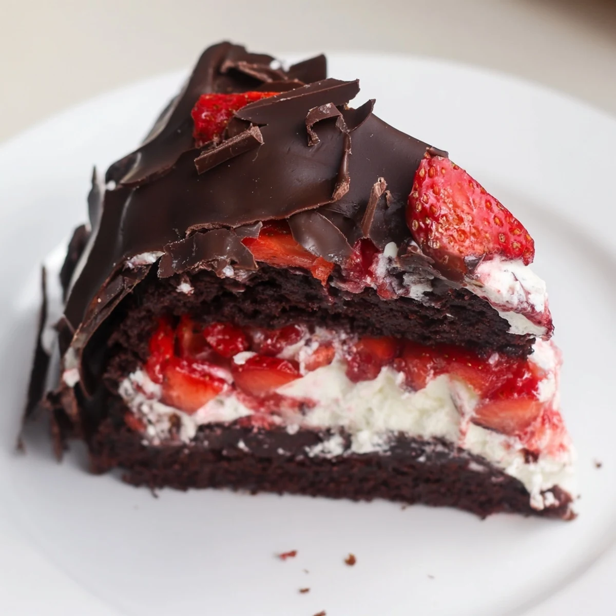 Sliced strawberry chocolate shell cake revealing layers of vanilla sponge and jammy strawberry filling