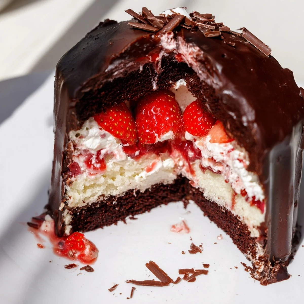 Elegant strawberry chocolate shell cake topped with gold leaf on a white serving plate