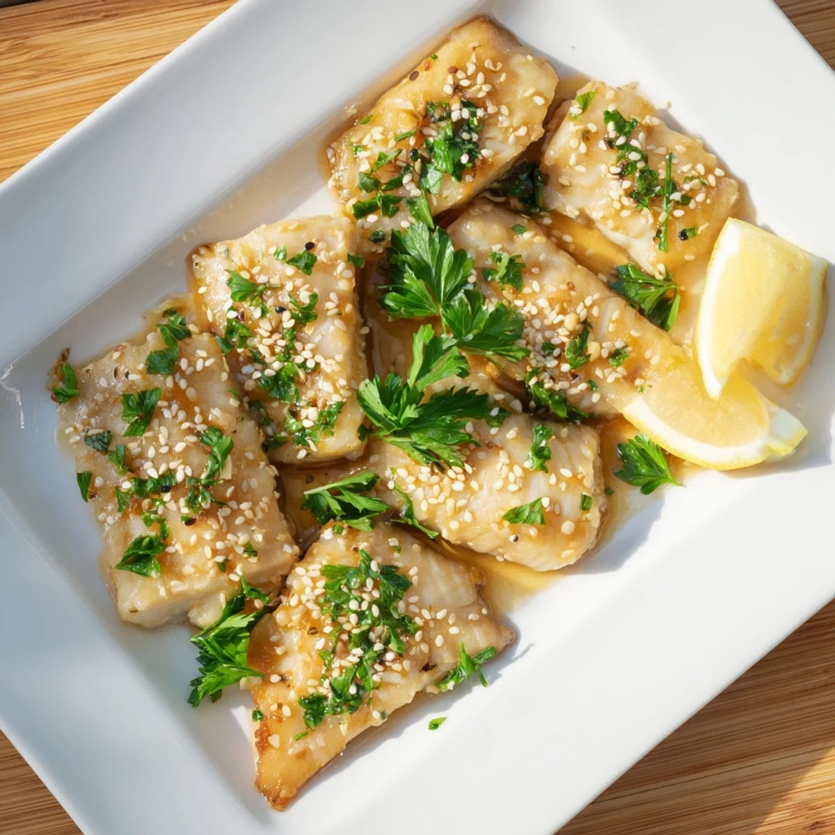 Golden baked cod fillets glazed with honey-soy marinade, garnished with fresh herbs and sesame seeds