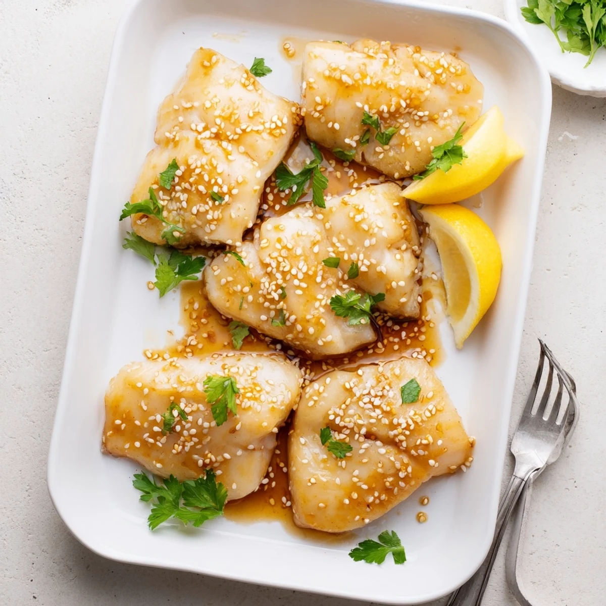 Flaky tender cod pieces emerge from oven with shiny sweet and savory honey soy coating