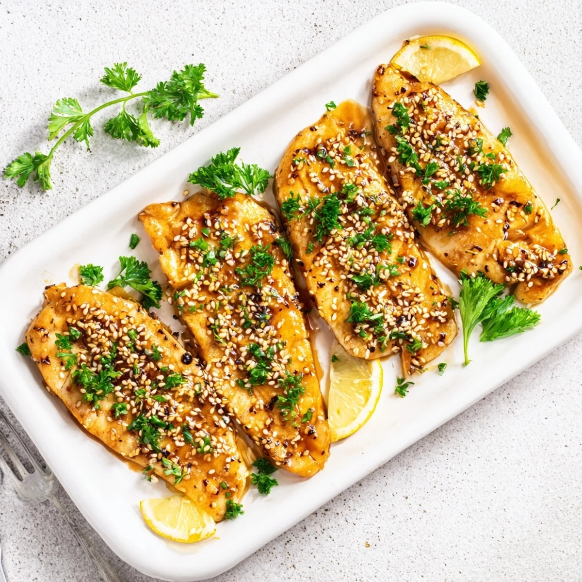 Weeknight dinner of baked cod with honey soy marinade served on white plate with lemon