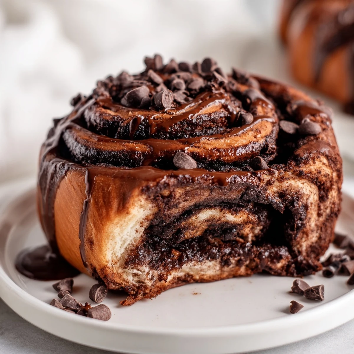 Freshly baked double chocolate cinnamon rolls drizzled with rich chocolate glaze on a white plate