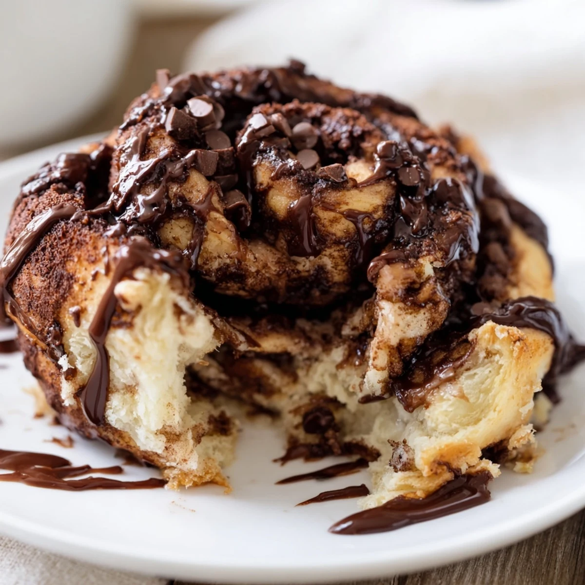 Warm double chocolate cinnamon rolls with spiraled chocolate cinnamon filling and glossy chocolate topping