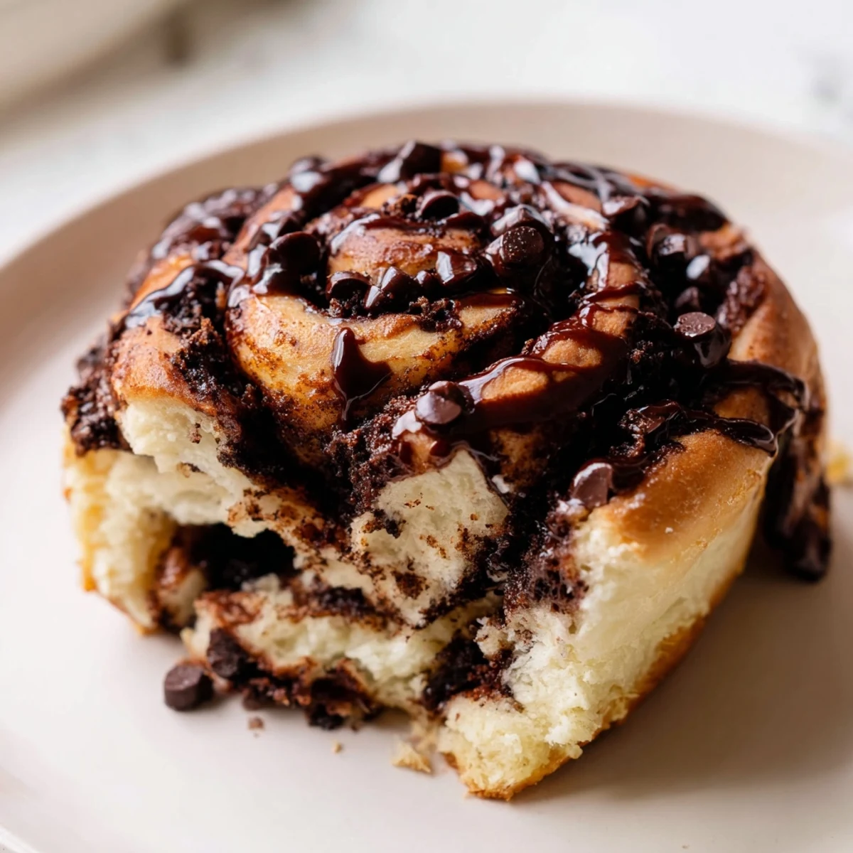 Homemade double chocolate cinnamon rolls sliced open revealing melted chocolate chips and dark cocoa swirls