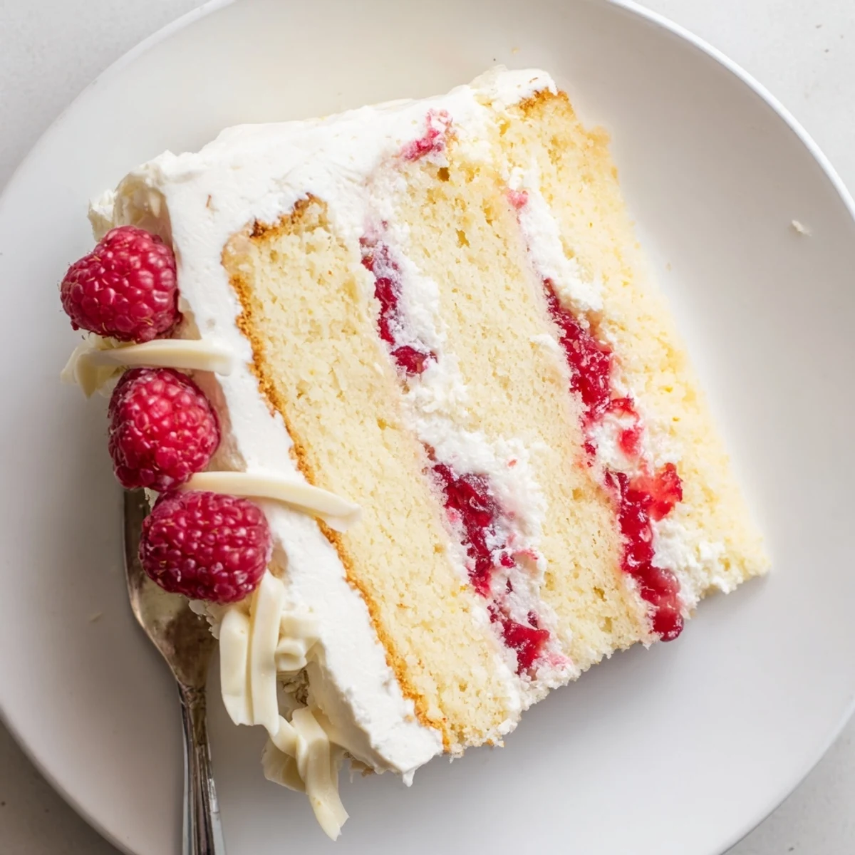 Elegant white chocolate raspberry cream cake topped with whipped cream and fresh red raspberries
