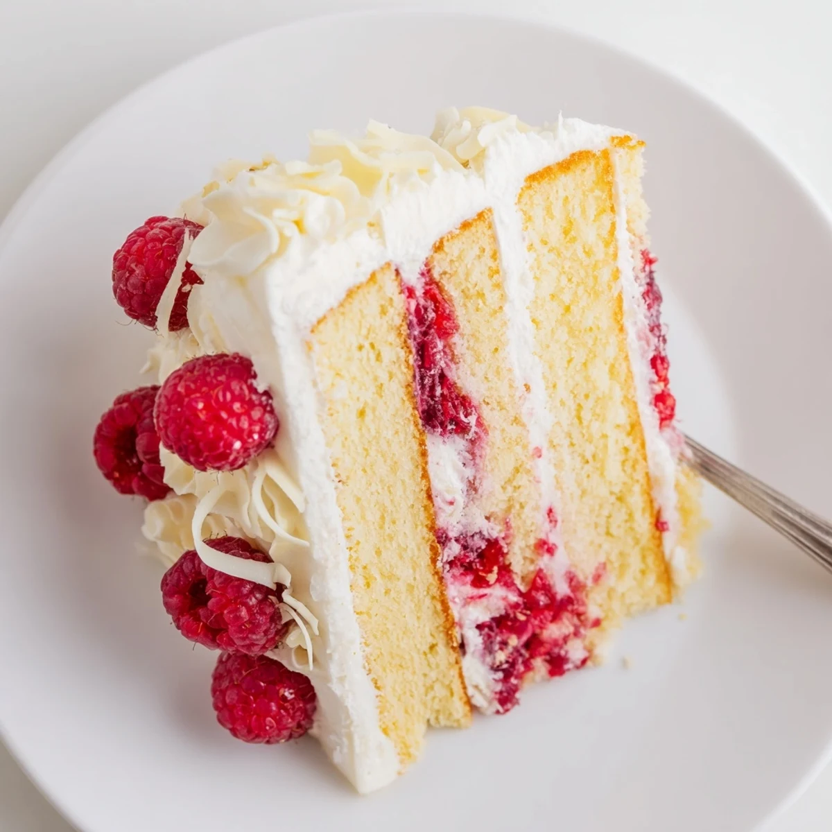 Decadent white chocolate raspberry cream cake with creamy white chocolate filling and vibrant raspberry swirls