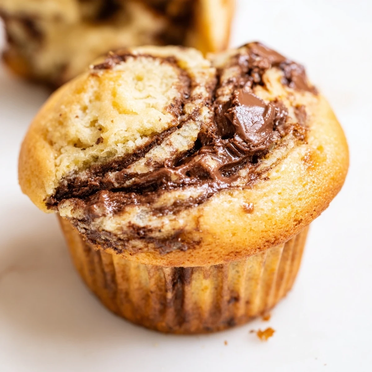 Golden Nutella banana muffins with swirled chocolate hazelnut topping on a wire cooling rack