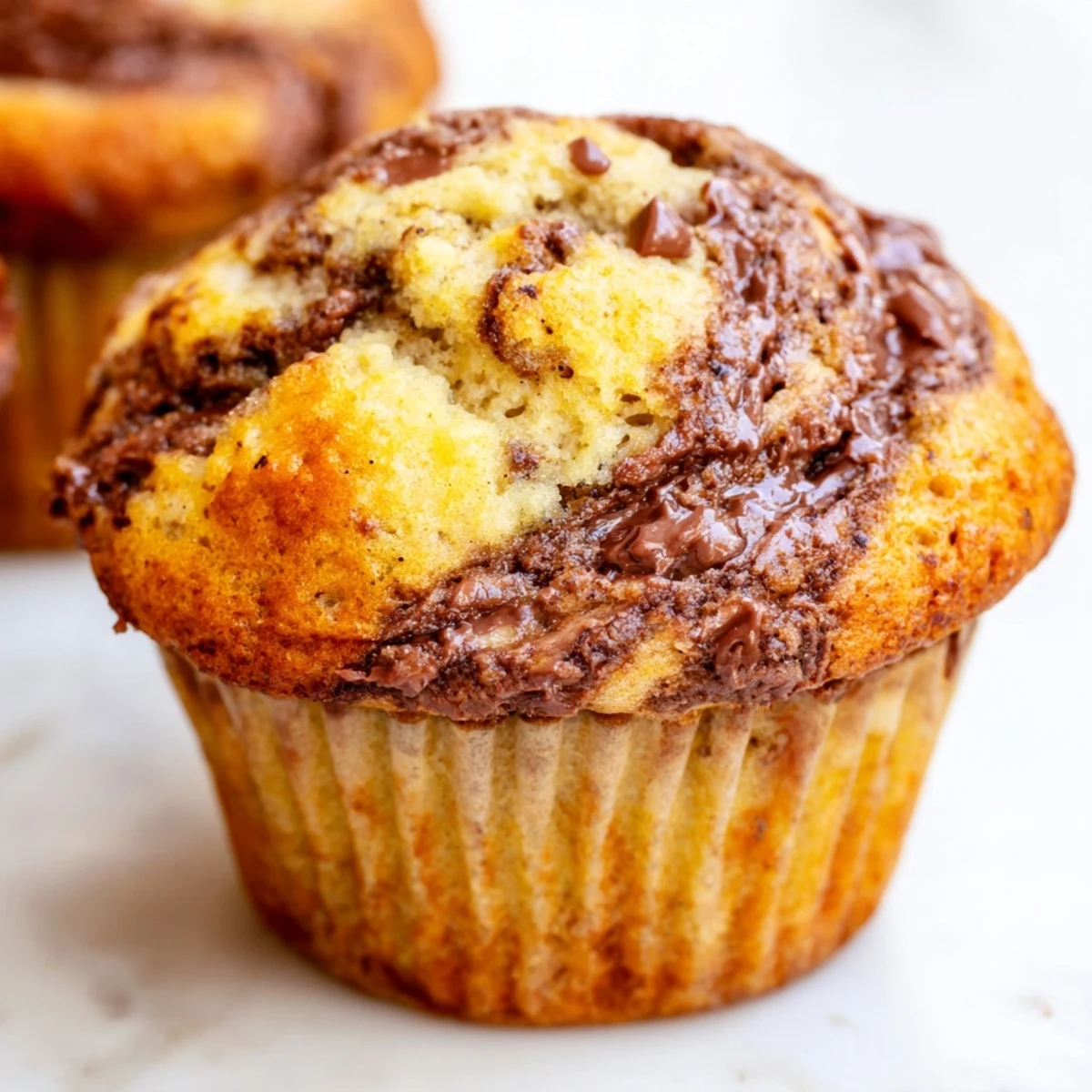 Warm breakfast muffins topped with melted Nutella swirls and ripe banana pieces