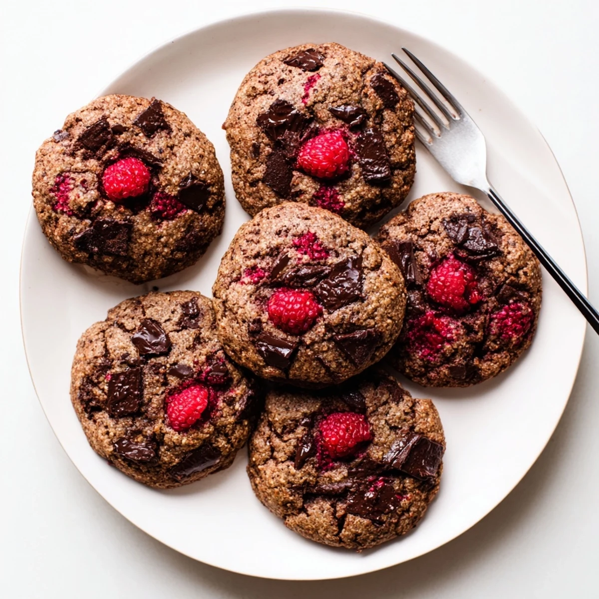 Golden-baked dark chocolate raspberry cookies with gooey chocolate pockets and bright raspberry pieces