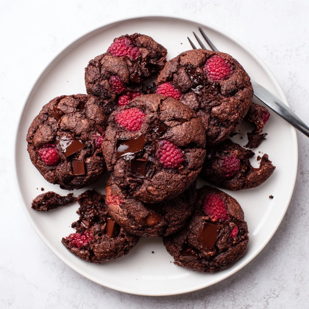 Chewy dark chocolate raspberry cookies studded with melty chunks and fresh berries on a white plate