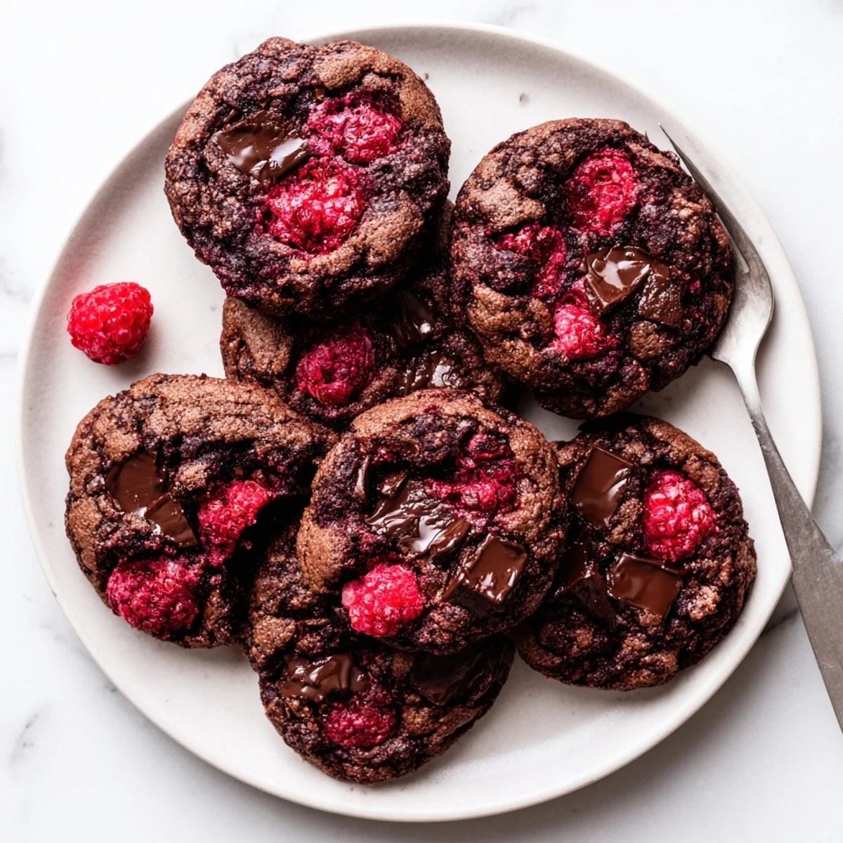 Freshly baked dark chocolate raspberry cookies cooling on a wire rack with visible fruit swirls