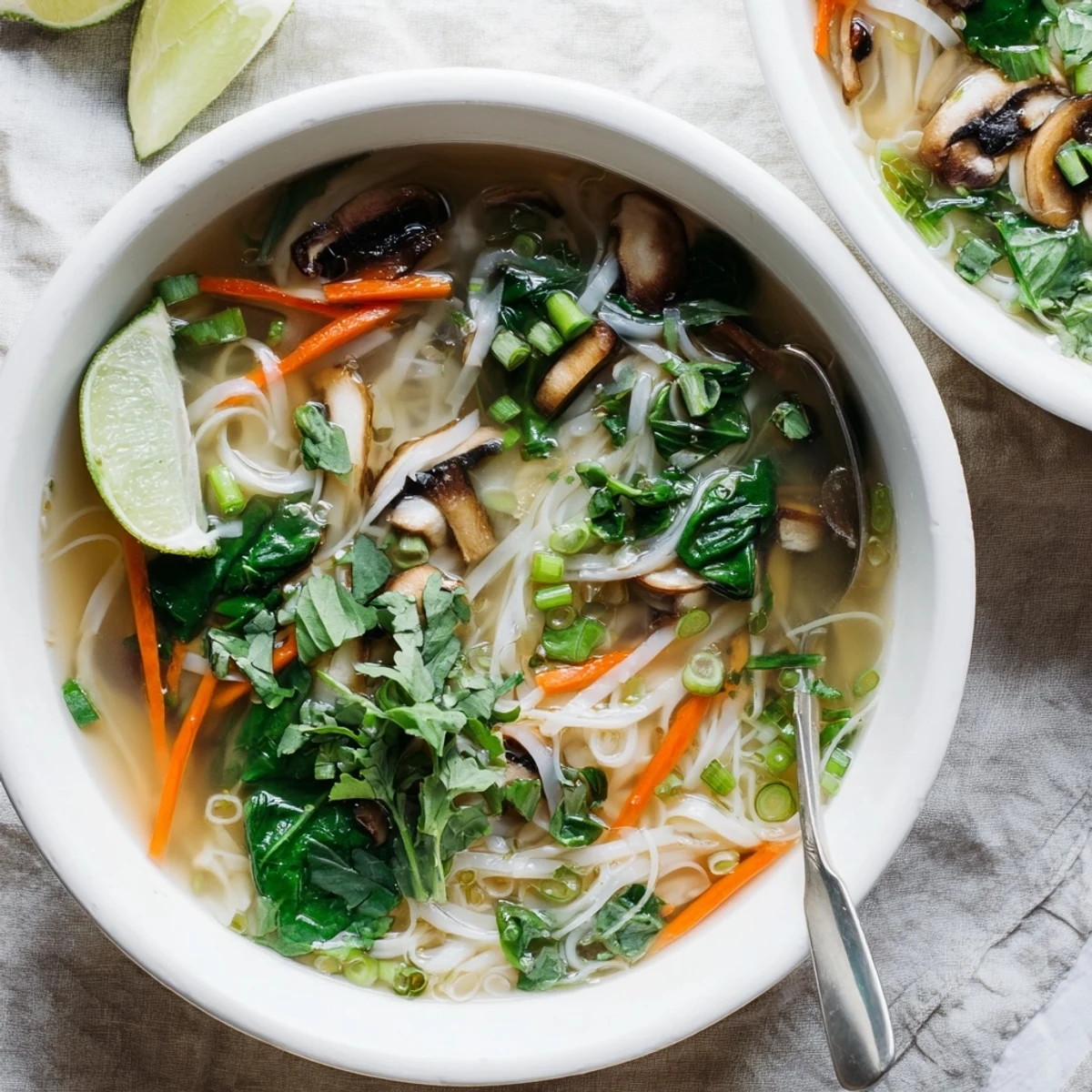 Comforting Asian-inspired soup features tender rice noodles in aromatic ginger garlic broth with baby spinach and shiitake mushrooms