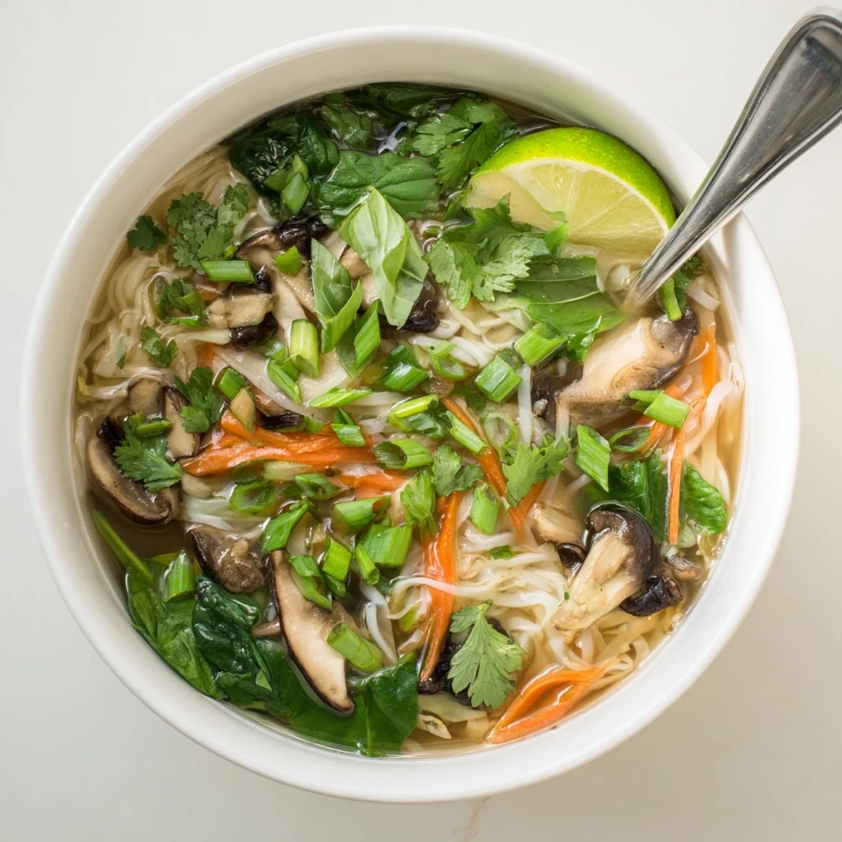 Golden vegetarian broth with sliced carrots and rice noodles topped with fresh basil and sesame seeds
