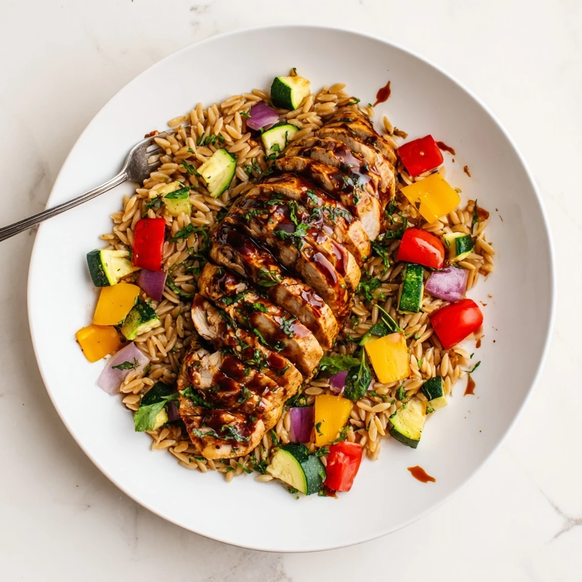 Golden balsamic glazed chicken breast resting atop colorful roasted vegetables and orzo pasta