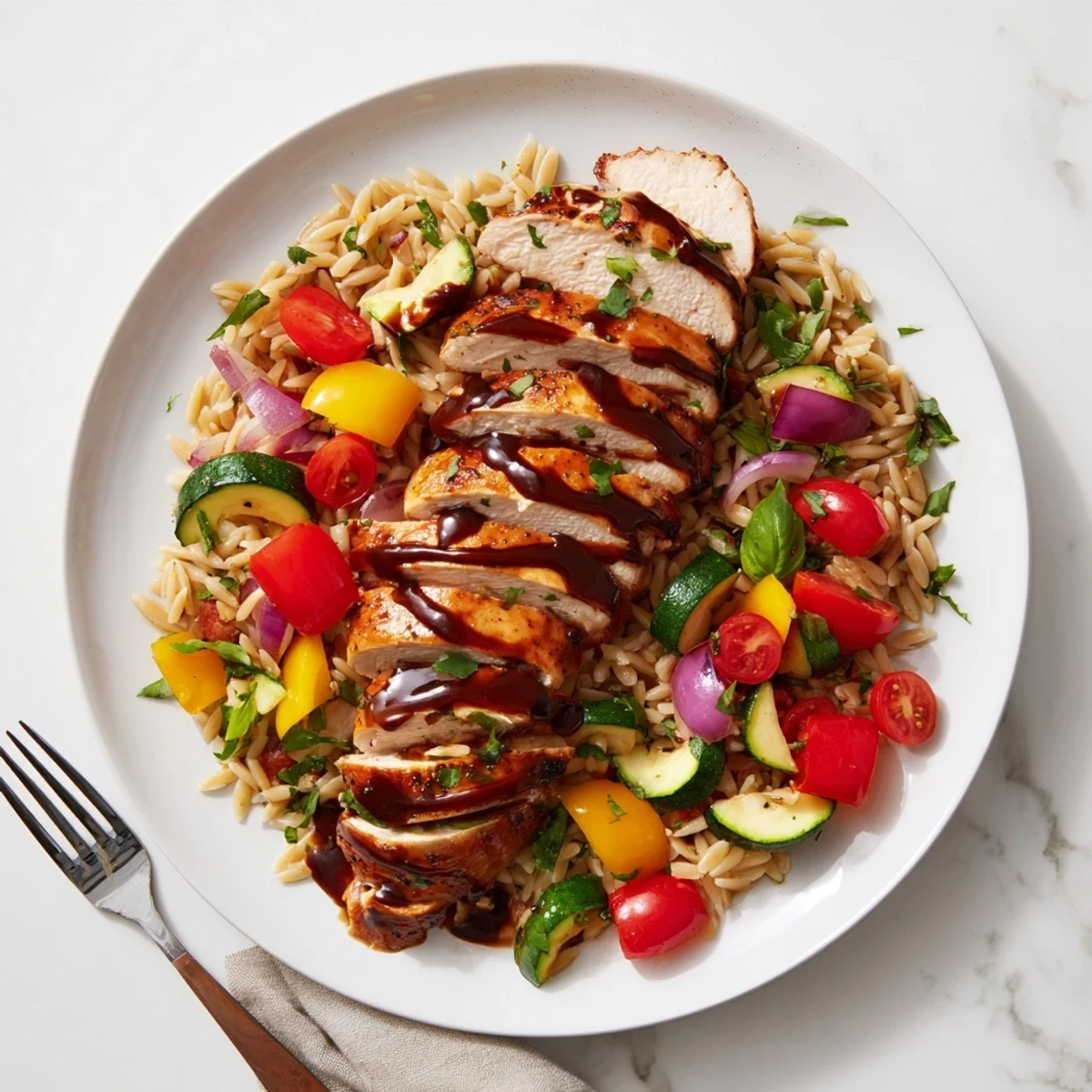 Tender marinated chicken served with Mediterranean roasted veggies over a bed of herb orzo