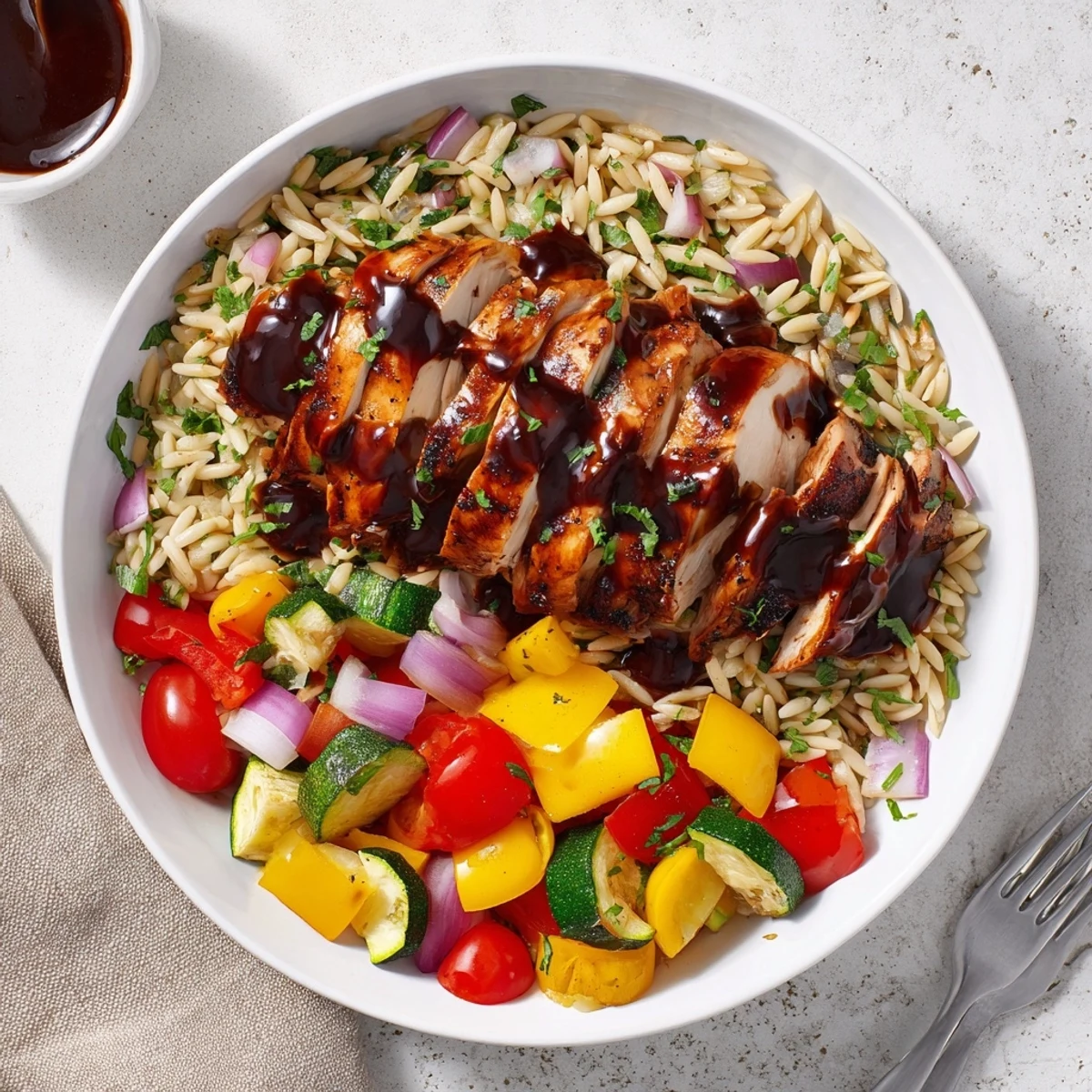 Savory balsamic chicken paired with zucchini peppers and tomatoes on lemon basil orzo