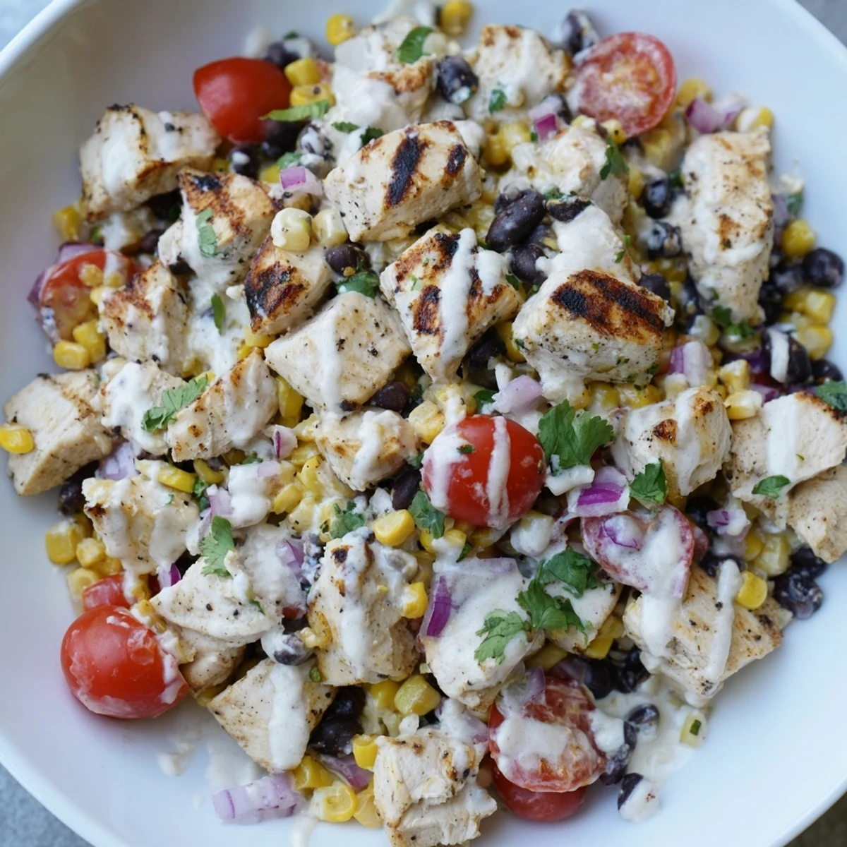 Vibrant bowl of high protein chicken street corn salad topped with cotija cheese and fresh cilantro